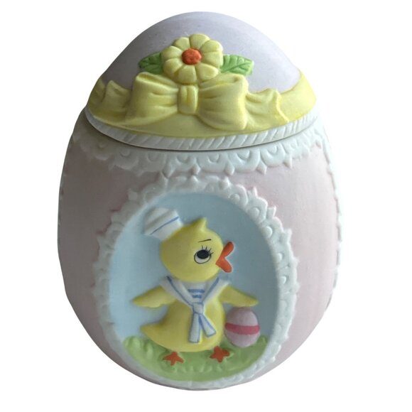Vintage 1985 Lefton Hand-Painted Ceramic Easter Egg Trinket Box Duck Design - Picture 1 of 6